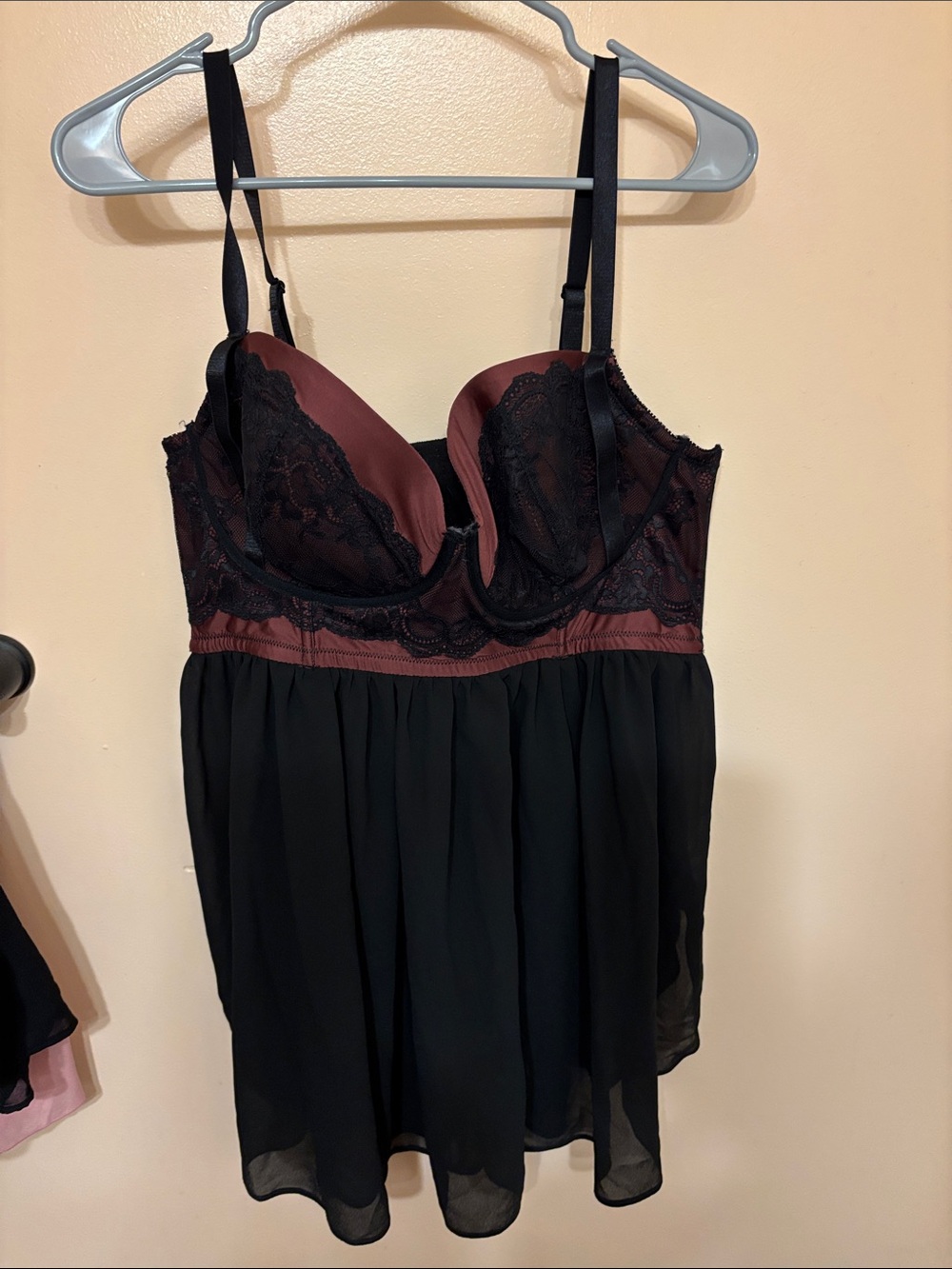 Chiffon Babydoll Chemise with Lace Bodice in Black and Burgundy